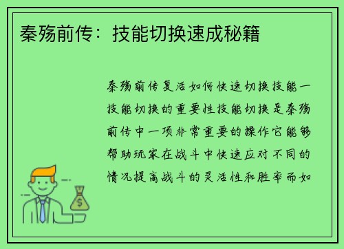 秦殇前传：技能切换速成秘籍