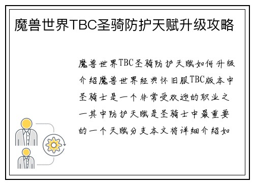 魔兽世界TBC圣骑防护天赋升级攻略